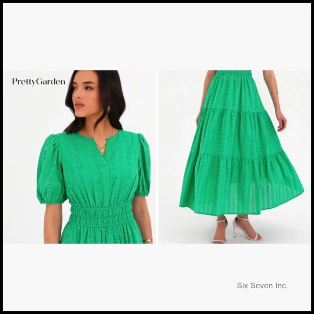 Cotton Maxi Dress with Puff Sleeves V Neck Smocked Waist Flowy Eyelet - Picture 7 of 7